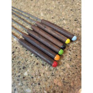 Set of 6 Vintage Fondue Forks MCM Japan Wooden Handles Stainless Steel